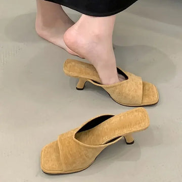 Xajzpa Summer Fashion Square Toe Women Slippers Fashion Thin Low Heels Slide Shoes Elegant Party Dress Zapatos De Mujer